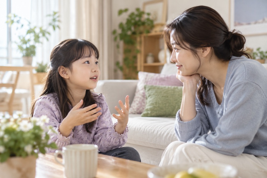 마음을 말로 표현하는 아이와 귀 기울여 듣는 보호자