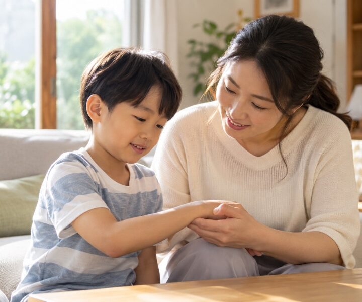 광주 소아 물사마귀, 거실에서 부모가 아이의 손과 팔을 살펴보는 모습