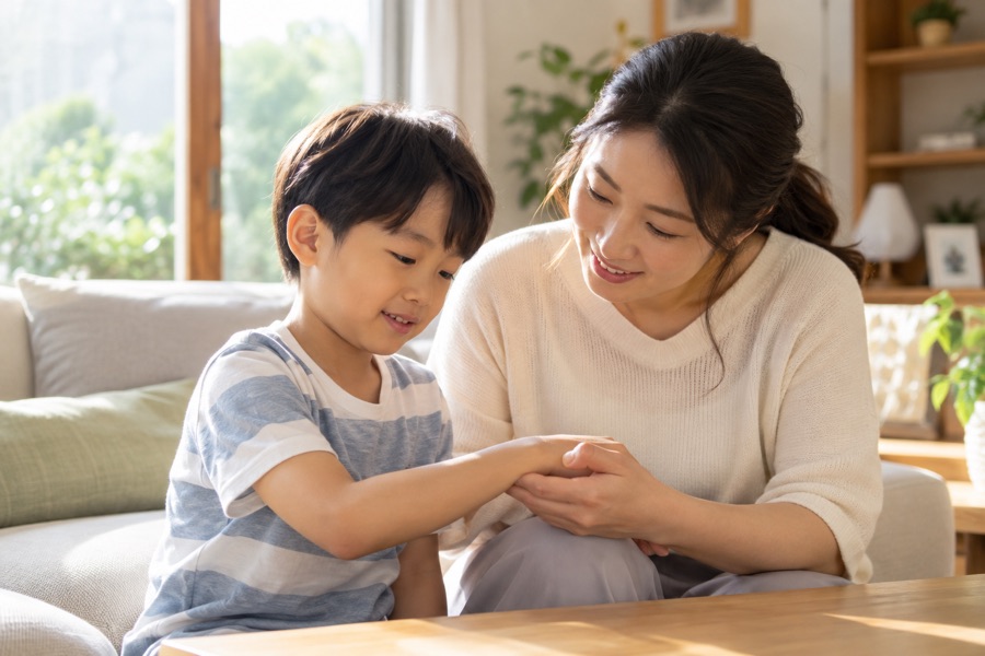 광주 소아 물사마귀, 거실에서 부모가 아이의 손과 팔을 살펴보는 모습