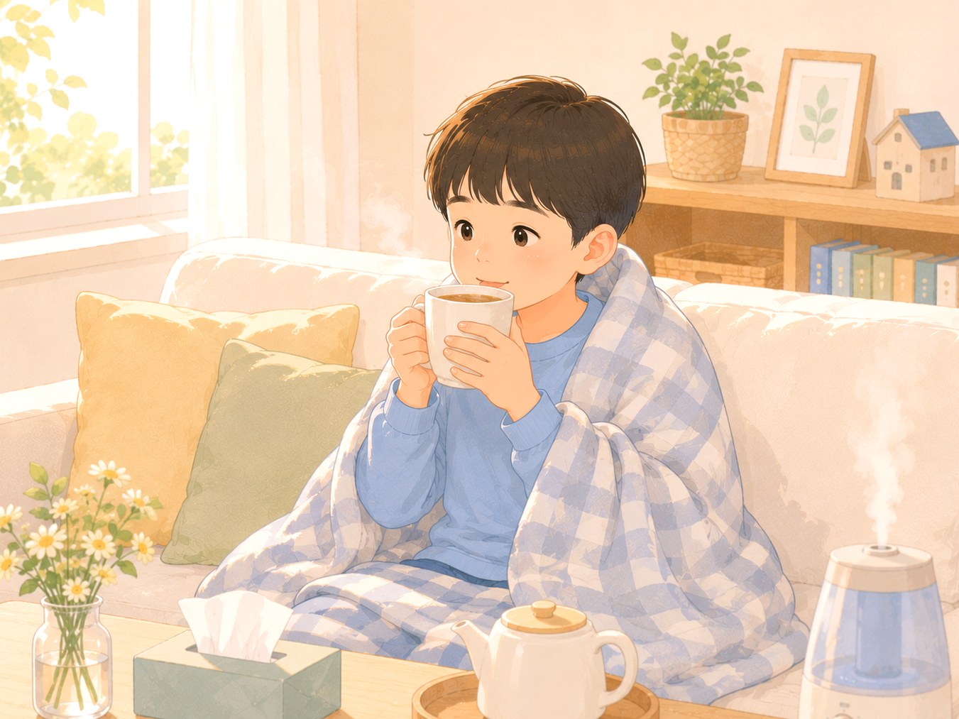 순천 후비루 – 담요를 덮고 따뜻한 차를 마시는 아이와 가습기