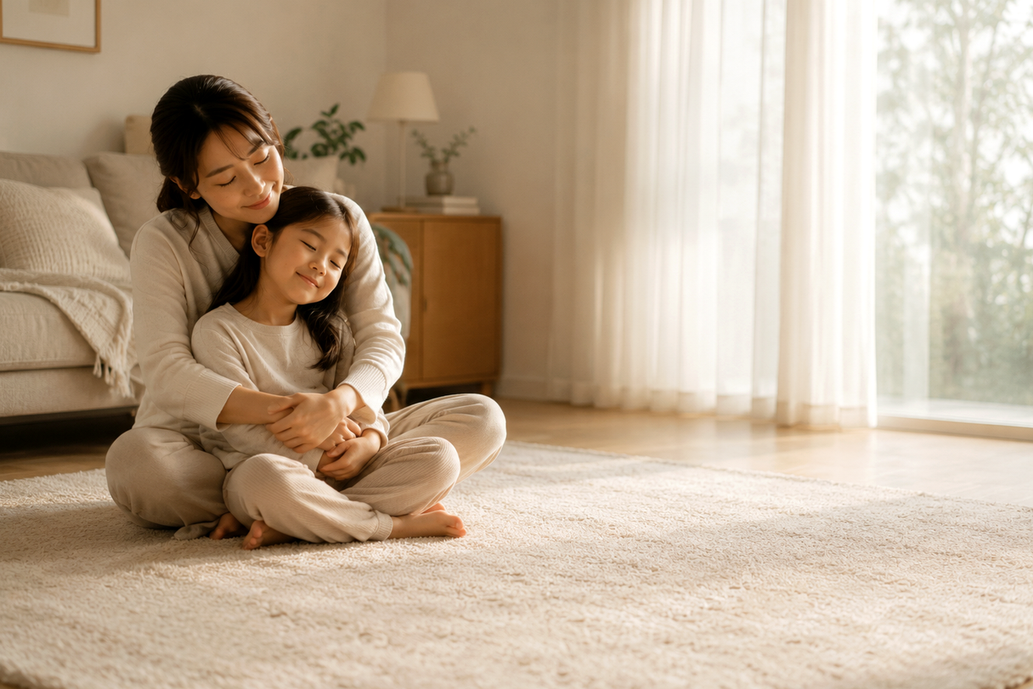 순천 틱장애 – 엄마가 거실 러그에 앉아 아이를 뒤에서 감싸 안은 모습