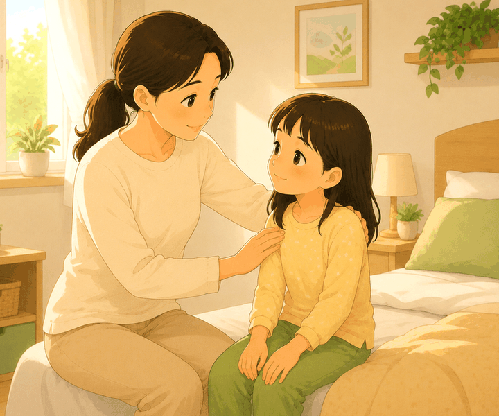순천 야뇨증 – 침실에서 엄마가 아이를 다독이는 모습
