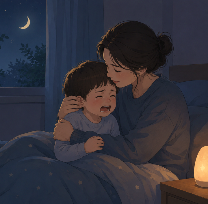 승달이 뜬 밤 침실에서 우는 아이를 엄마가 품에 안고 달래주는 장면