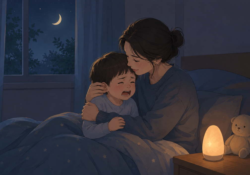 순천 야경증 — 잠든 아이 곁에서 이불을 덮어 주는 부모의 손 장면
