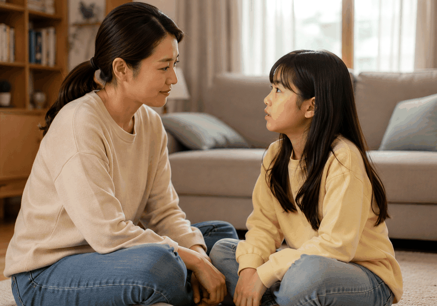 거실 바닥에 마주 앉아 아이와 눈을 맞추며 대화하는 엄마와 여자아이