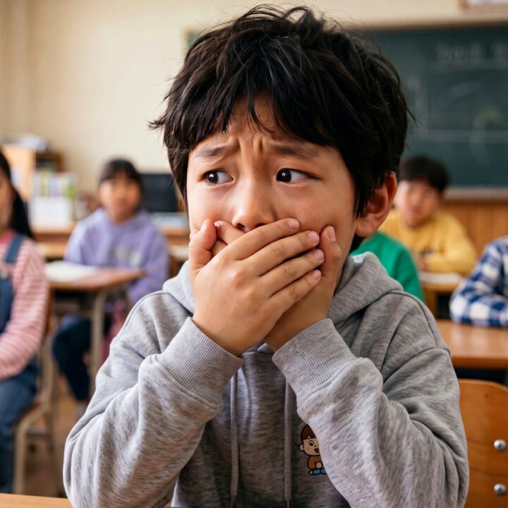교실에서 손으로 입을 가린 채 불안한 표정을 짓는 남자아이