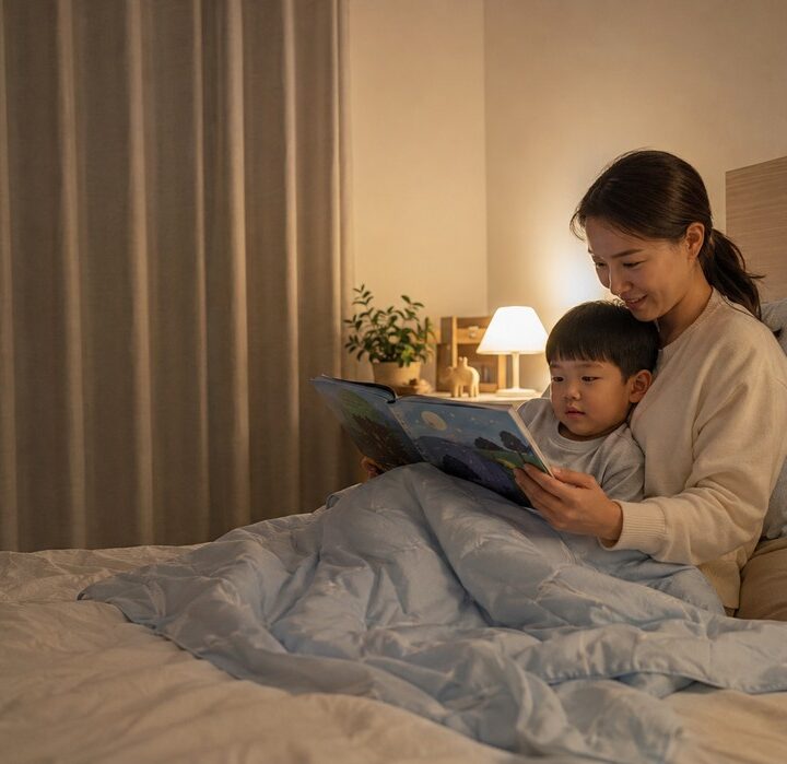 순천 야제증 – 밤에 침대에서 아이와 그림책을 읽는 엄마