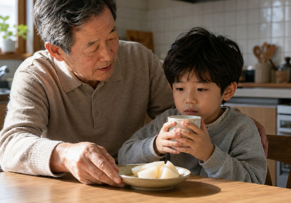 베이지 니트를 입은 할아버지가 식탁에서 배 접시를 내밀고 회색 상의 남아가 두 손으로 찻잔을 든 모습