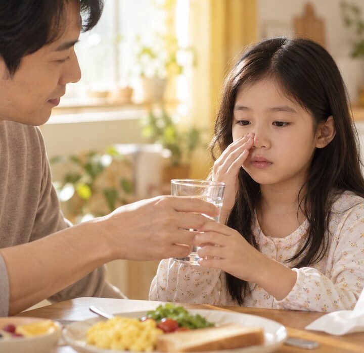 식탁에 앉은 꽃무늬 잠옷 여자아이가 코를 만지고 아빠가 물잔을 건네는 아침 식사 장면