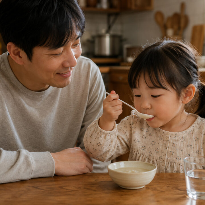 순천 어린이 천식 – 아빠와 함께 식사하는 아이