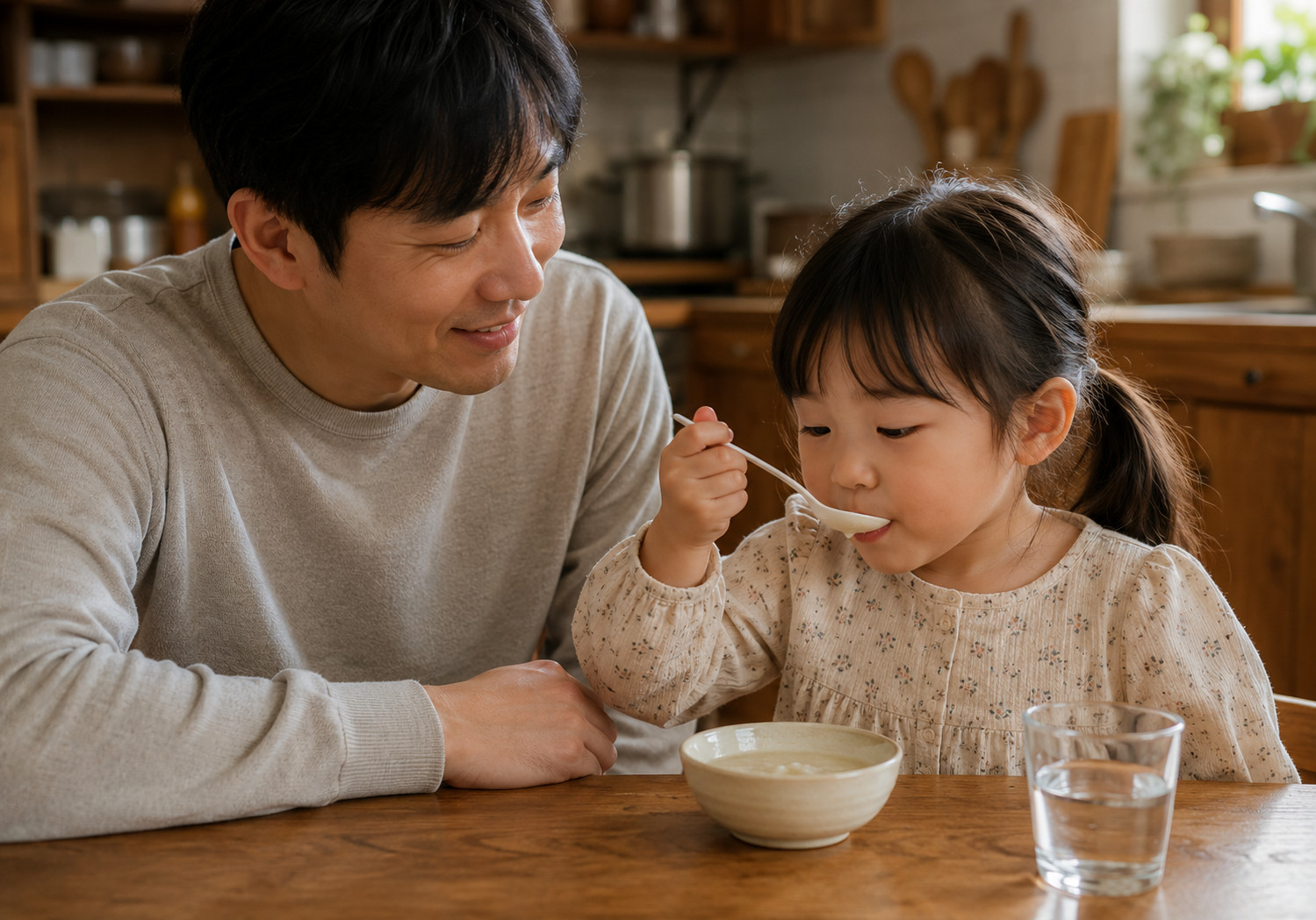 순천 어린이 천식 – 아빠와 함께 식사하는 아이