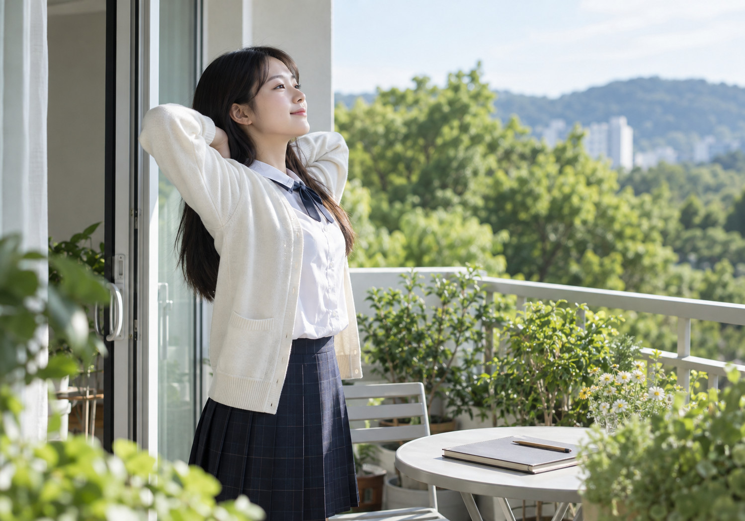 순천 수험생 집중력 – 교복을 입은 여학생이 노트가 놓인 테라스 옆에서 양손을 목 뒤로 올리고 스트레칭하는 모습