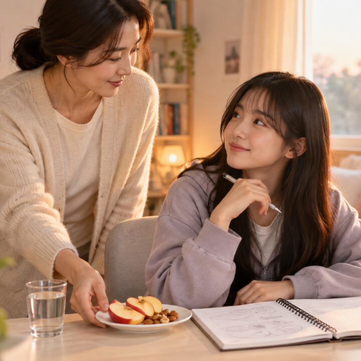 순천 수험생 집중력 – 공부 중인 여학생에게 엄마가 사과와 견과류가 담긴 간식 접시를 놓아 주는 모습