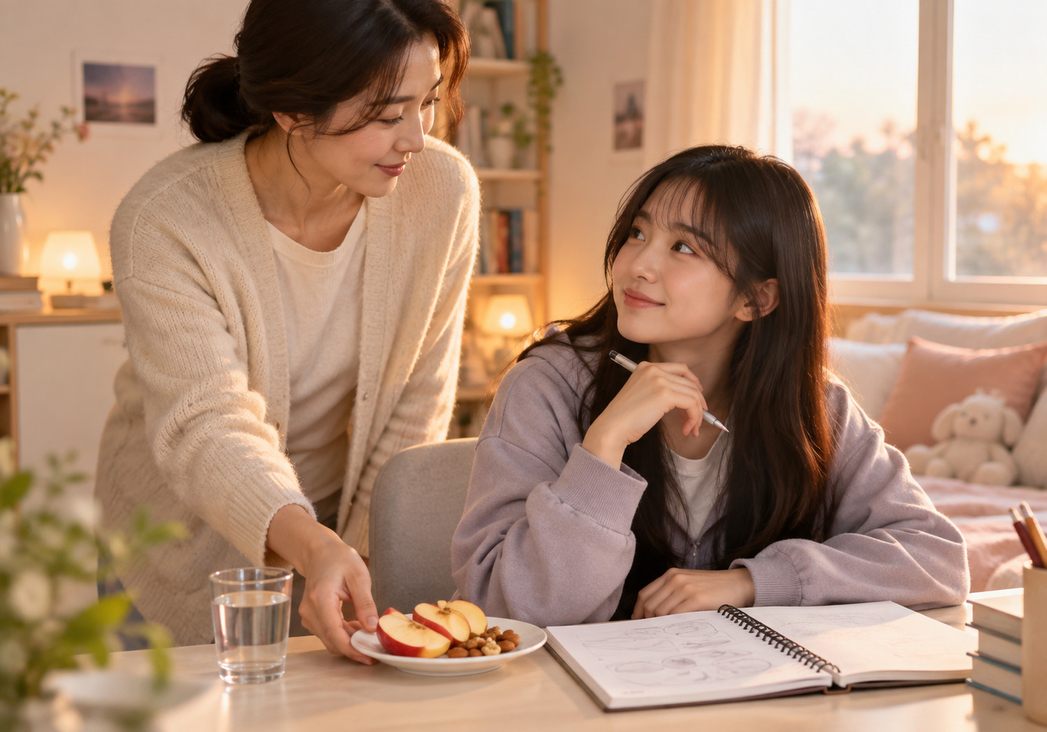순천 수험생 집중력 – 공부 중인 여학생에게 엄마가 사과와 견과류가 담긴 간식 접시를 놓아 주는 모습