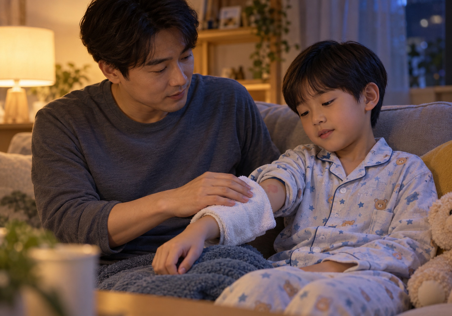 순천 밤에 심한 두드러기 – 아빠가 붉은 두드러기가 올라온 남자아이의 팔에 시원한 수건을 대 주는 장면