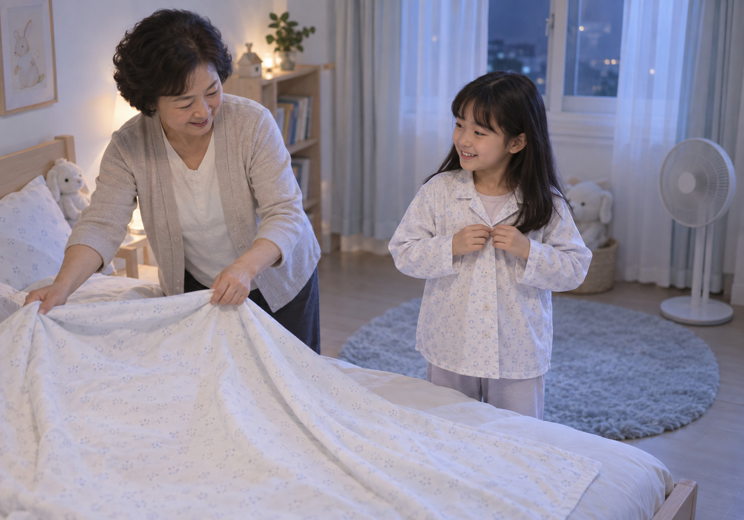 순천 밤에 심한 두드러기 – 할머니와 여자아이가 잠자기 전 침구를 정돈하며 편안한 수면 환경을 준비하는 장면
