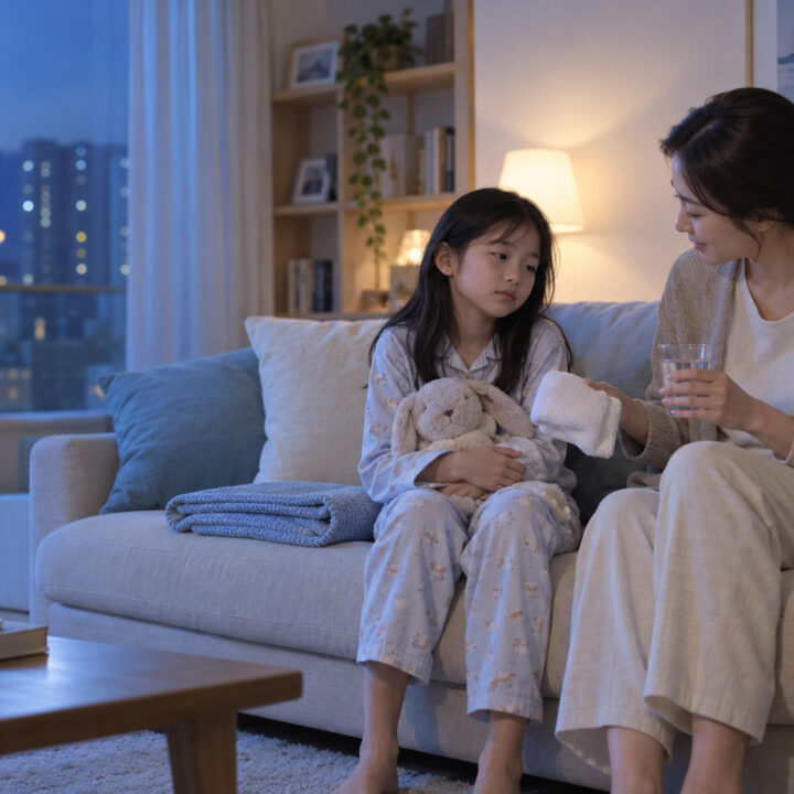 순천 밤에 심한 두드러기 – 밤에 엄마가 잠옷을 입은 여자아이에게 물과 수건을 건네며 돌보는 장면