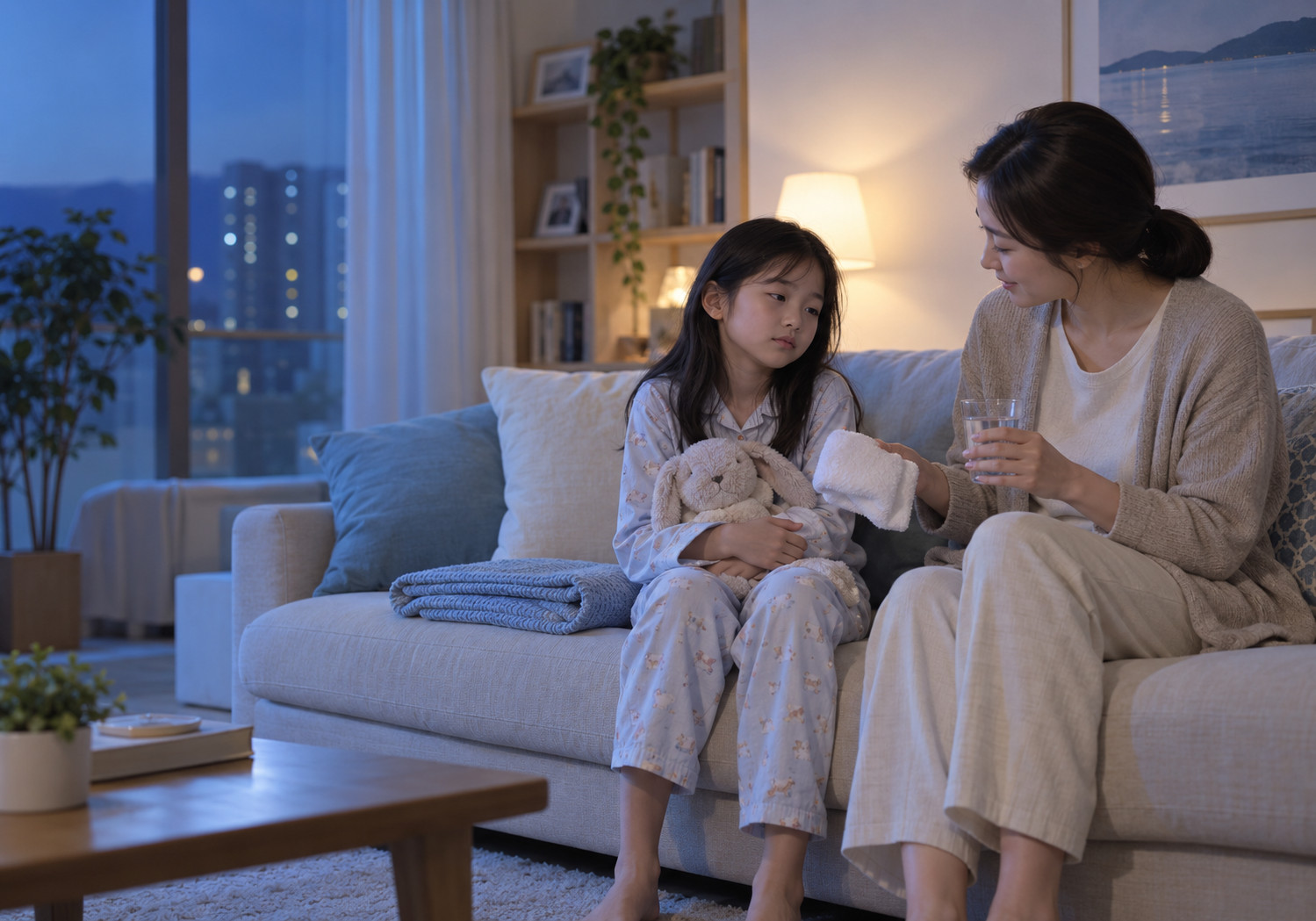 순천 밤에 심한 두드러기 – 밤에 엄마가 잠옷을 입은 여자아이에게 물과 수건을 건네며 돌보는 장면