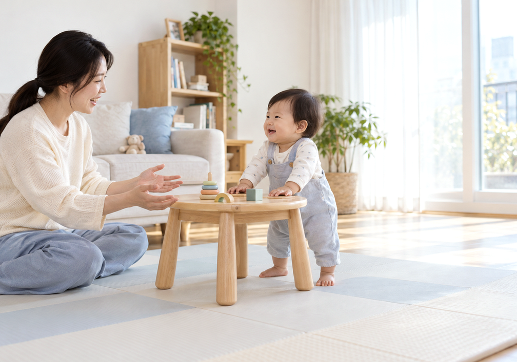 걸음마를 하는 아기를 두 팔 벌려 맞아 주는 보호자