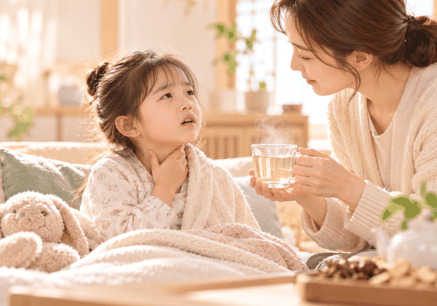 목이 잠긴 아이에게 따뜻한 차를 건네는 엄마