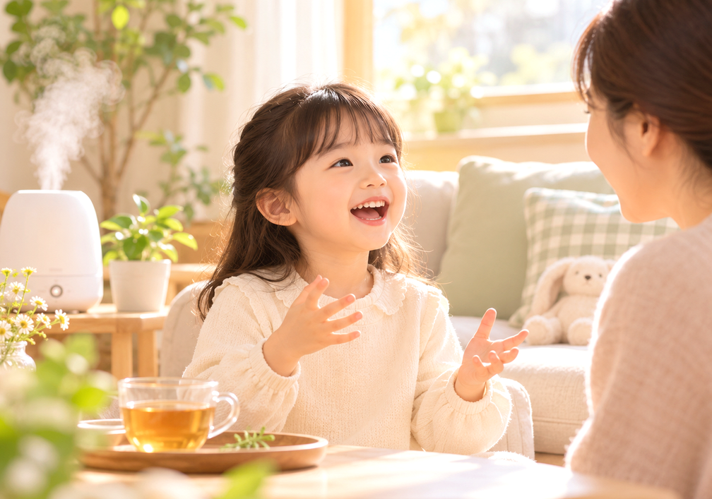 가습기 옆에서 따뜻한 차와 함께 이야기하는 아이