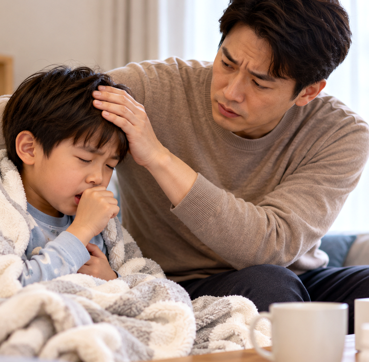 순천기관지염회복관리 – 기관지염 후 기침과 피로로 소파에서 쉬는 아이