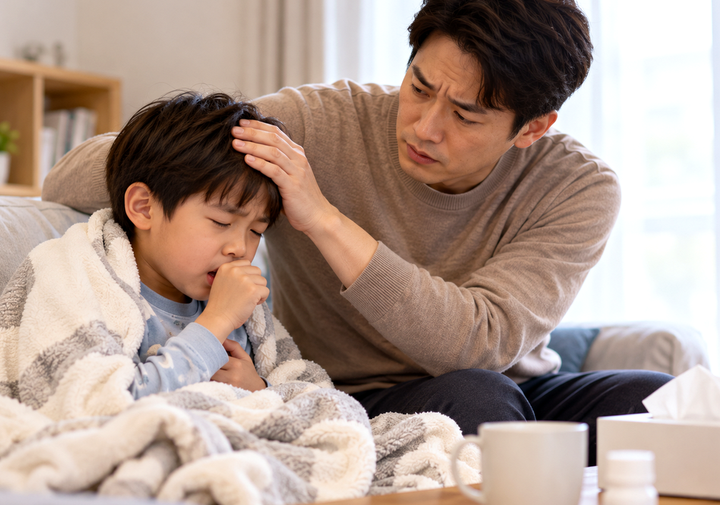 순천기관지염회복관리가 필요한 기침하는 아이를 살피는 보호자