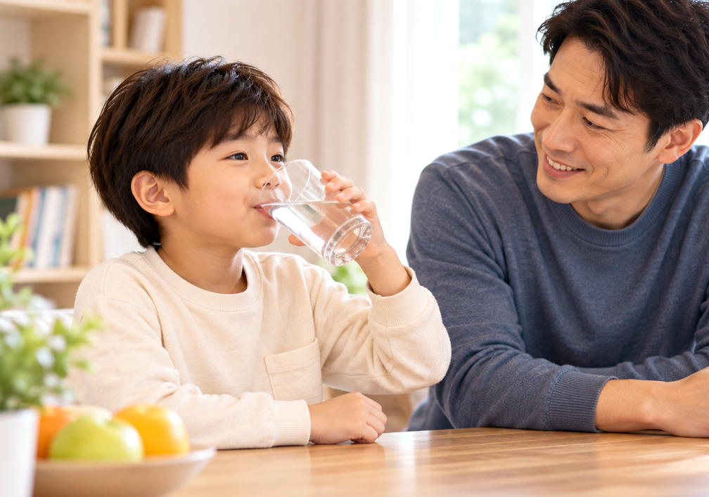 순천기관지염회복관리 중 미지근한 물을 마시는 아이