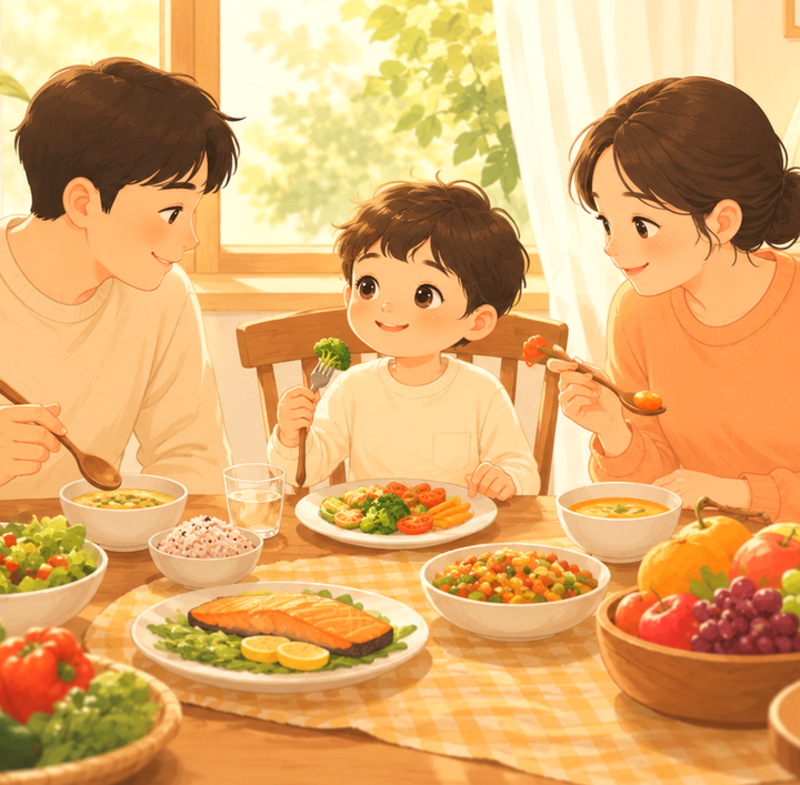 전주 소아 식욕부진 – 죽과 과일이 차려진 건강한 아침상
