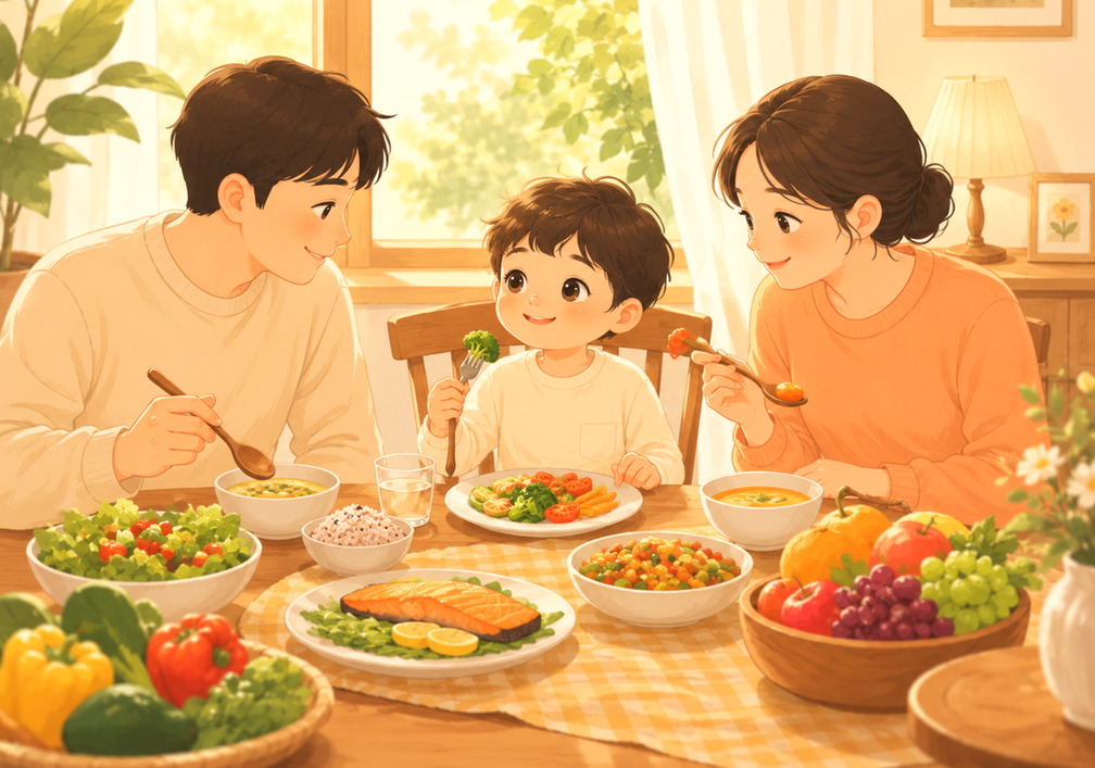 전주 식욕부진 – 죽과 과일이 차려진 건강한 아침상