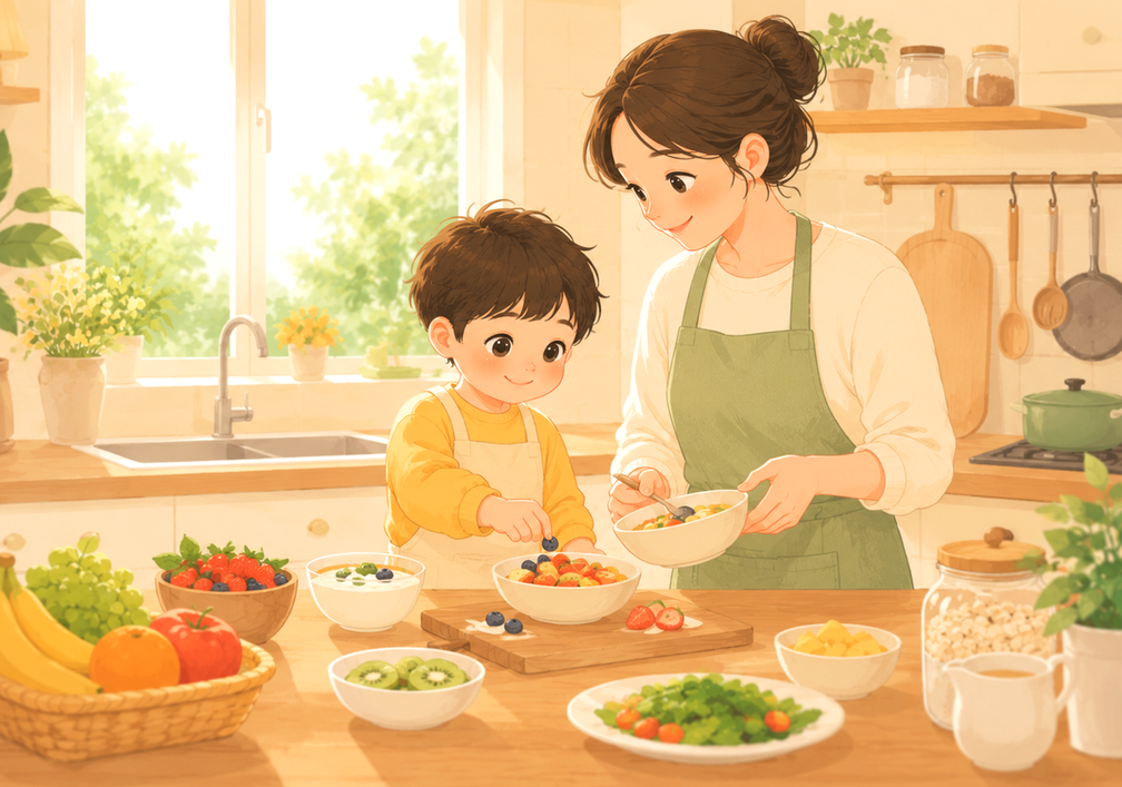 전주 식욕부진 – 부모와 함께 과일을 준비하는 아이