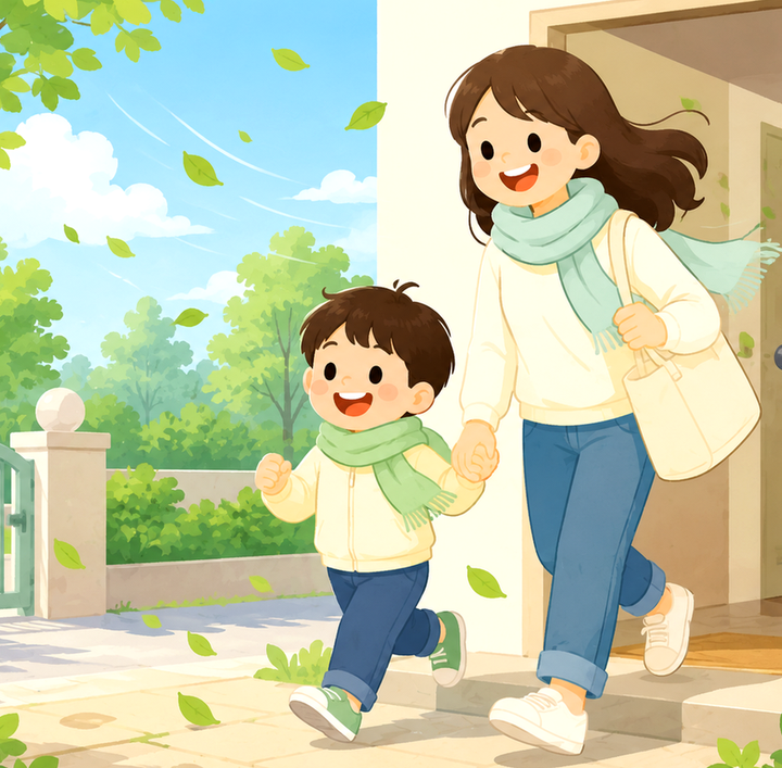 전주 알러지비염 – 엄마와 아이가 목도리를 두르고 손을 잡고 나서는 모습