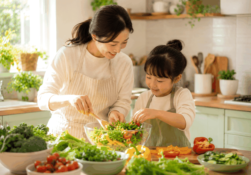 전주 소아비만성장 – 엄마와 아이가 주방에서 함께 채소 샐러드를 만드는 모습
