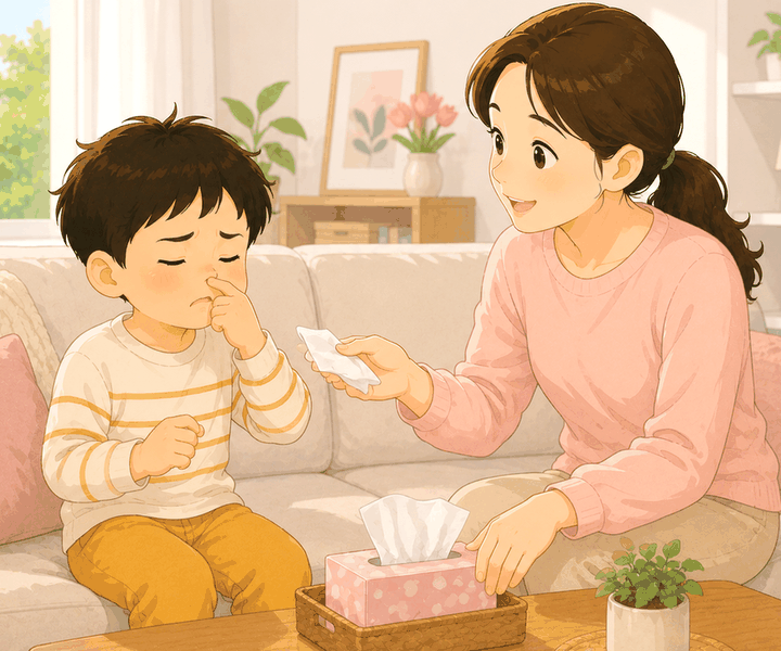 전주 코비염 – 거실 소파에서 코를 만지는 아이에게 엄마가 휴지를 건네는 모습