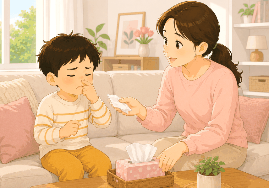 전주 코비염 — 코를 훌쩍이며 휴지로 코를 닦는 아이