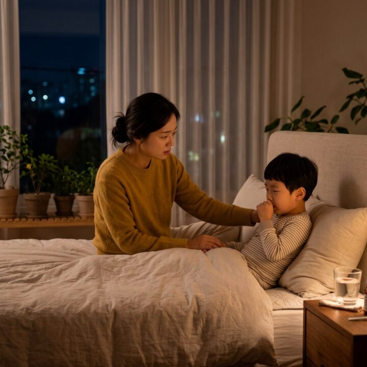 전주 소아천식 – 밤 침대에서 기침하는 남아와 살피는 엄마