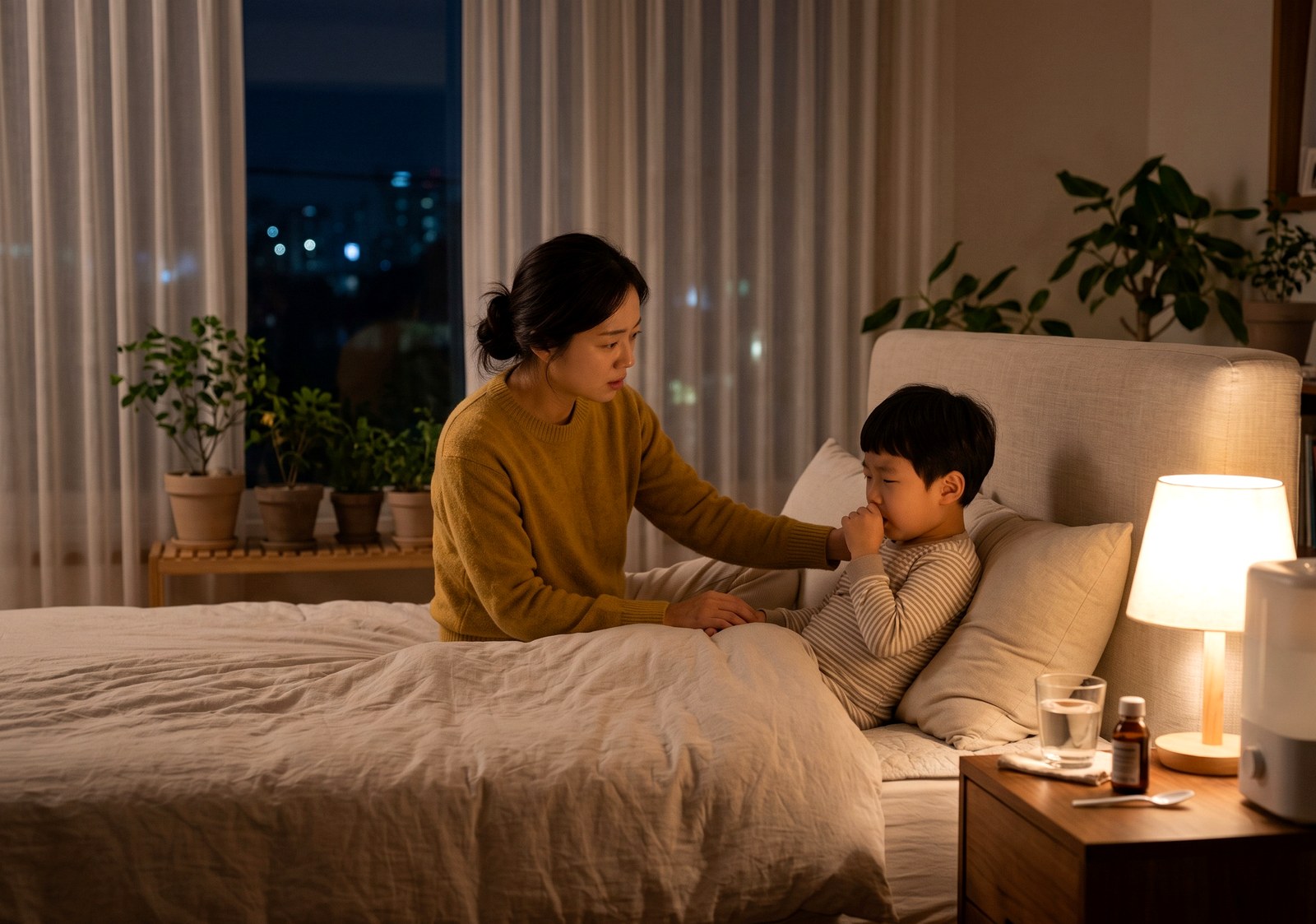 전주 소아천식 – 밤 침대에서 기침하는 남아와 살피는 엄마