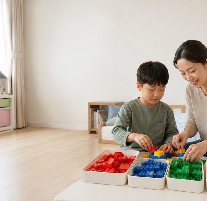 전주 ADHD, 색깔별 정리함의 블록으로 함께 조립 놀이하는 엄마와 남자아이