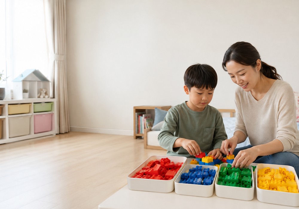 전주 ADHD — 색깔별 블록으로 함께 조립 놀이하는 엄마와 아이
