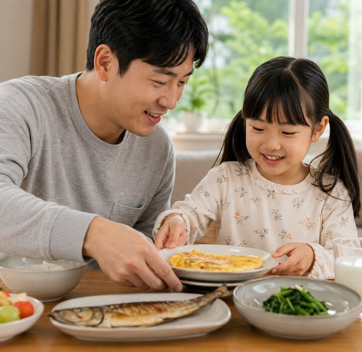 아침 식탁에서 회색 상의 아빠와 양갈래 머리 여자아이가 생선·달걀·채소가 차려진 밥상을 마주하는 모습