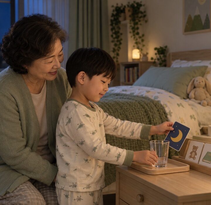 밤 침실에서 초록 가디건을 입은 할머니와 잠옷 차림 남자아이가 취침 전 물컵 옆에 달 그림카드를 두는 모습