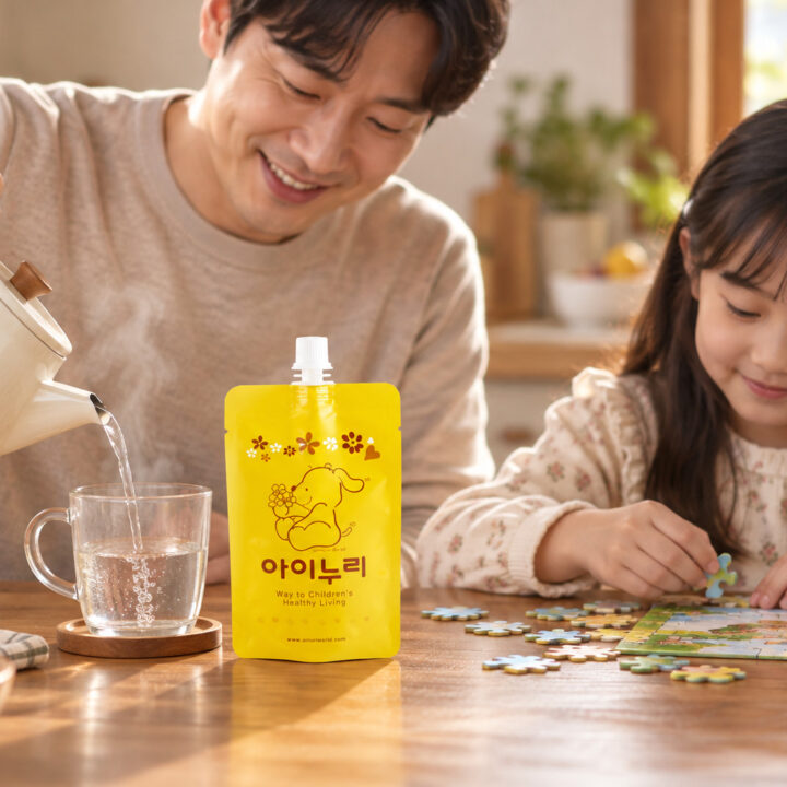 전주 목소리 내는 틱 – 아빠가 컵에 물을 따르고 여자아이가 퍼즐을 맞추는 식탁에 아이누리 노란 파우치가 놓인 모습