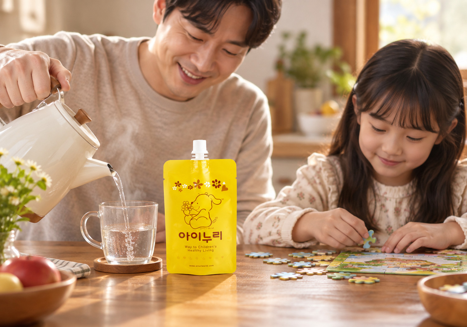 전주 목소리 내는 틱 – 아빠가 컵에 물을 따르고 여자아이가 퍼즐을 맞추는 식탁에 아이누리 노란 파우치가 놓인 모습
