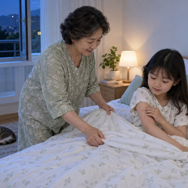 전주 아토피 비염 동반 – 밤에 팔 피부가 붉어진 여자아이를 할머니가 침대 곁에서 돌보는 장면