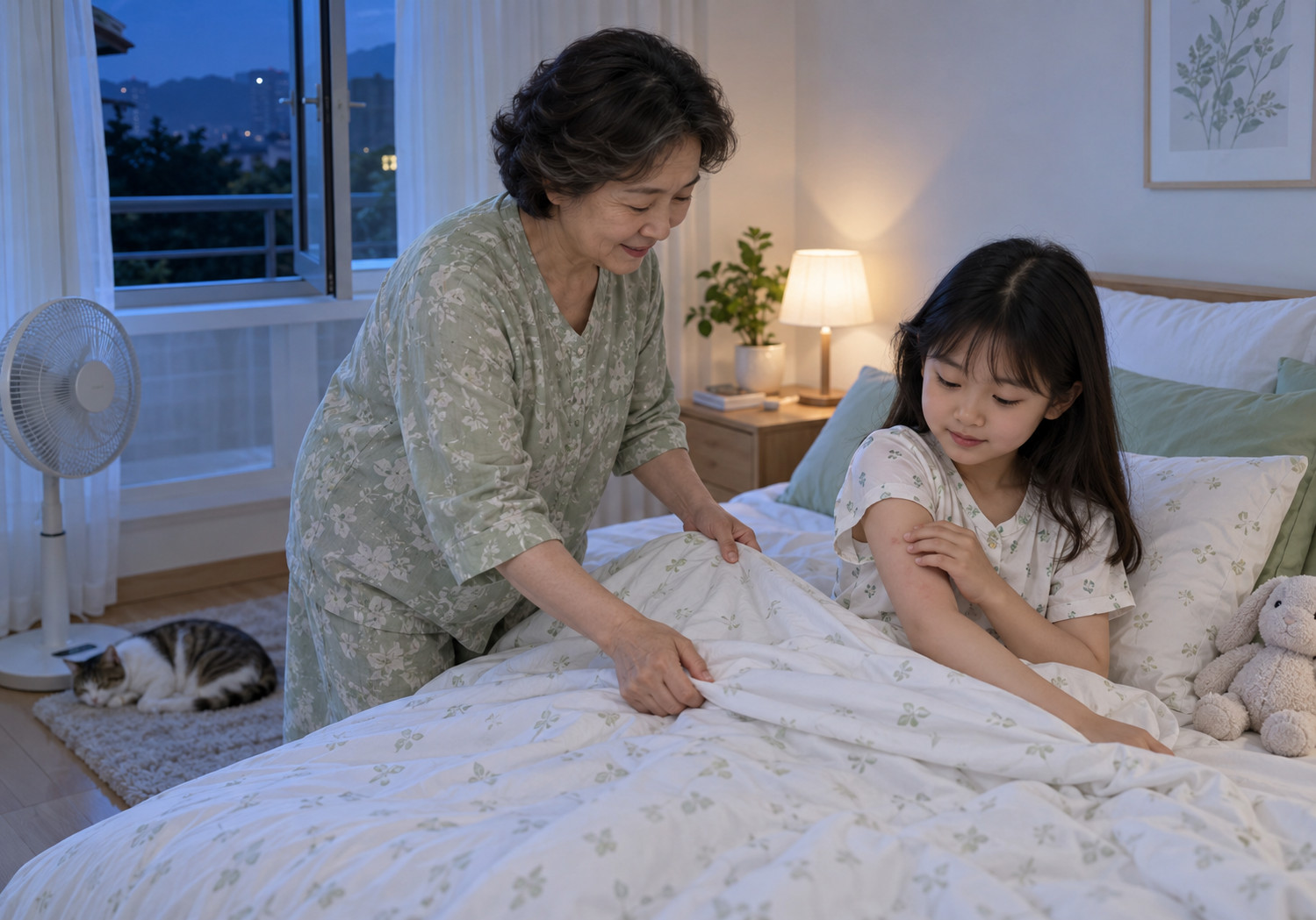 전주 아토피 비염 동반 – 밤에 팔 피부가 붉어진 여자아이를 할머니가 침대 곁에서 돌보는 장면