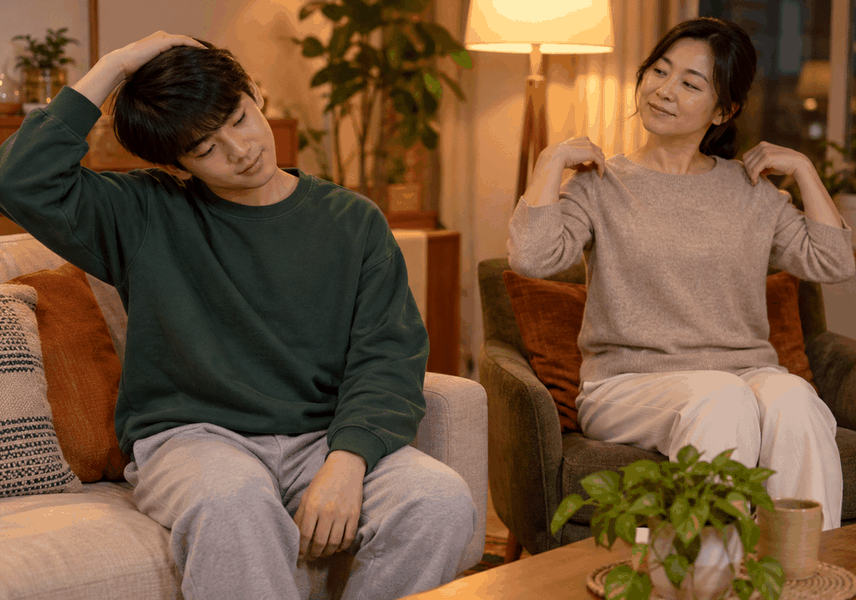 수험생두통 관리를 위해 공부 중 목과 어깨를 푸는 학생