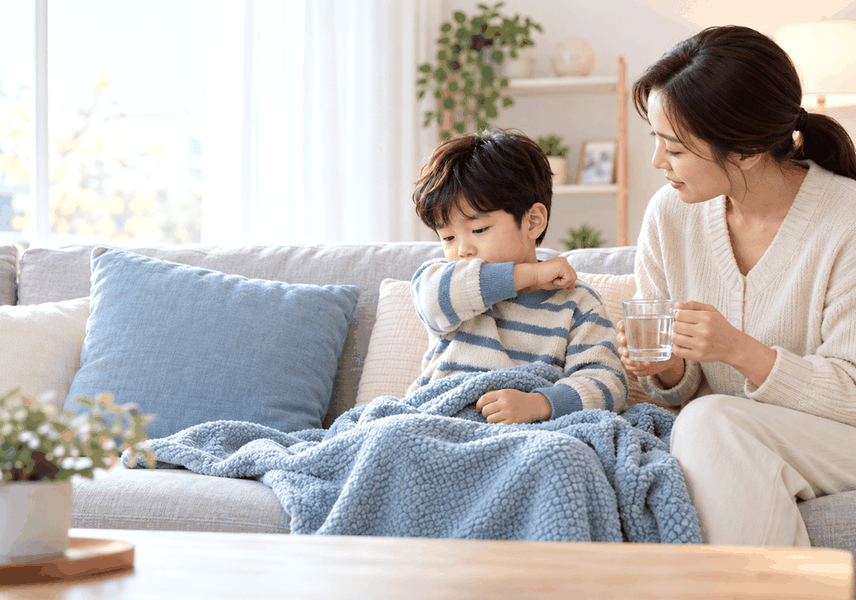 소파에서 담요를 덮고 쉬는 아이를 살피는 엄마