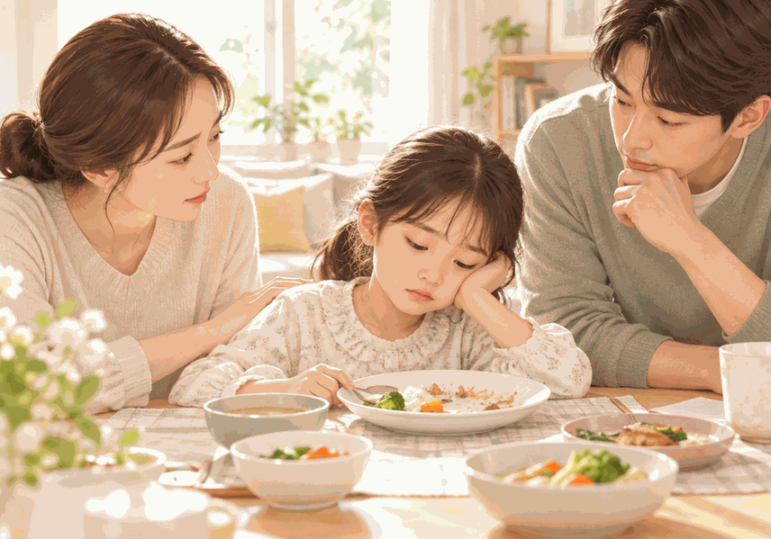 식욕부진으로 식사를 힘들어하는 아이를 살피는 부모 일러스트