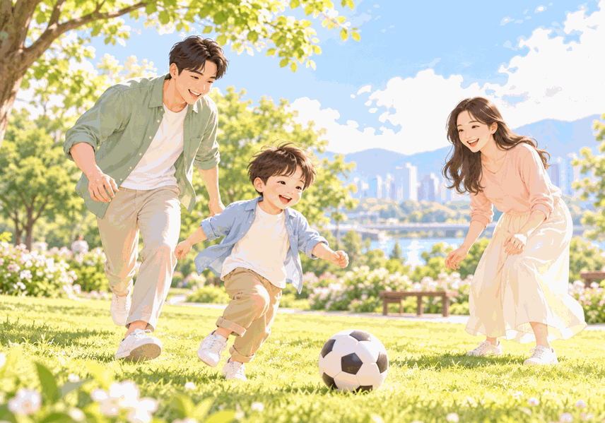 공원에서 공을 차며 함께 뛰어노는 아이와 부모 일러스트