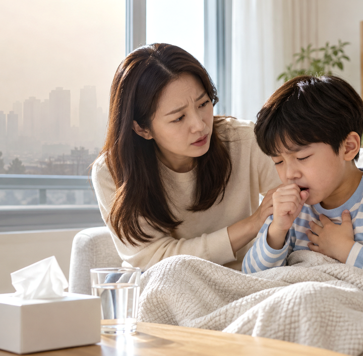 전주천식미세먼지 – 미세먼지가 심한 날 실내에서 기침하며 힘들어하는 아이